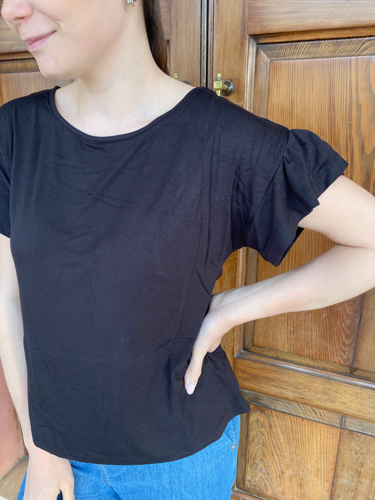 T-Shirt manica Rouches nero