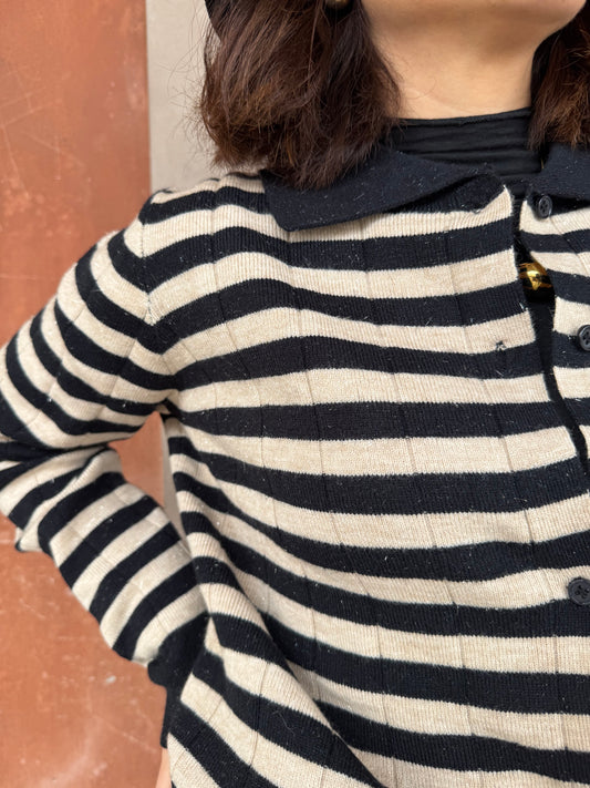Cardigan a righe con lurex e colletto polo
