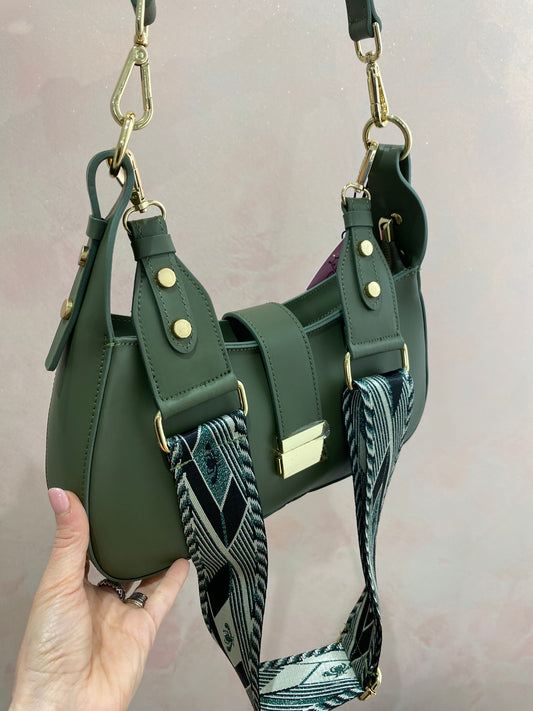 Borsa Hobo Verde Militare con Tracolla Jacquard