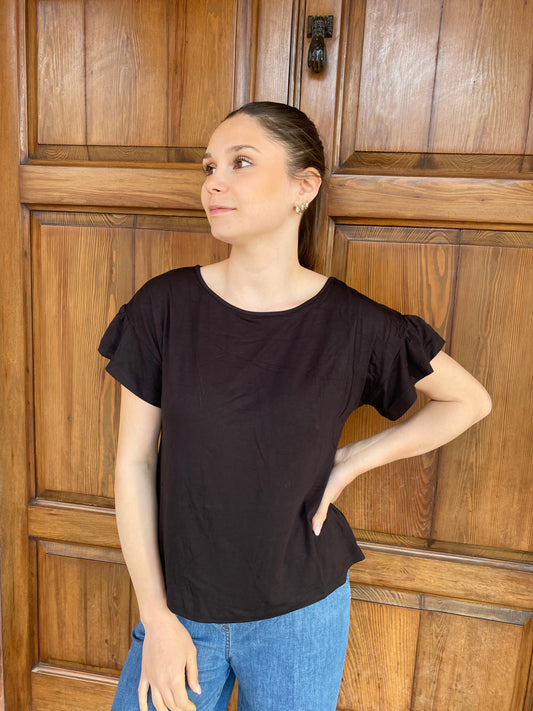 T-Shirt manica Rouches nero