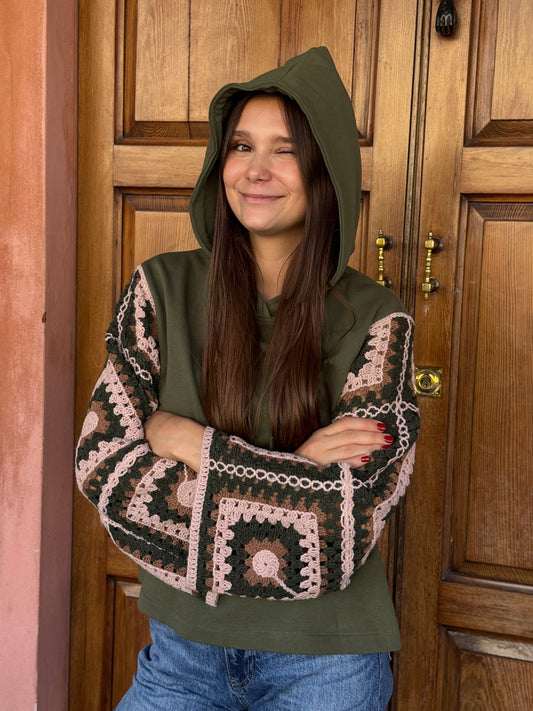Felpa Cotone Garzato Manica Crochet – Lokita