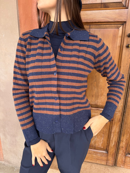 Cardigan a righe con lurex e colletto polo