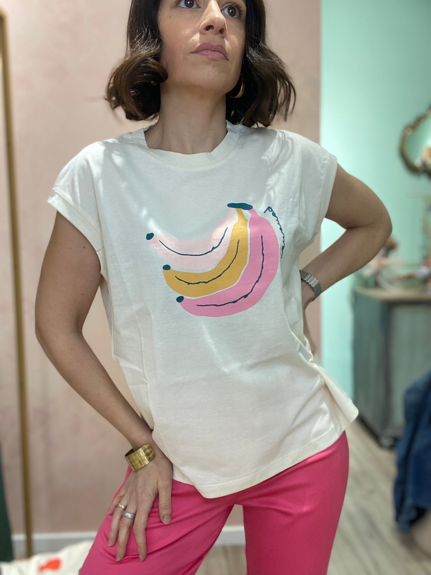 T-shirt bianca con stampa banane